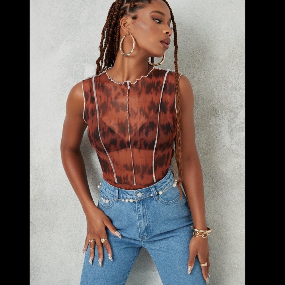 Brown Overlock Detail Mesh Bodysuit